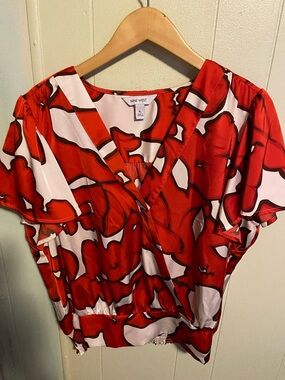 Nine West Red and White Floral Wrap-Style Blouse